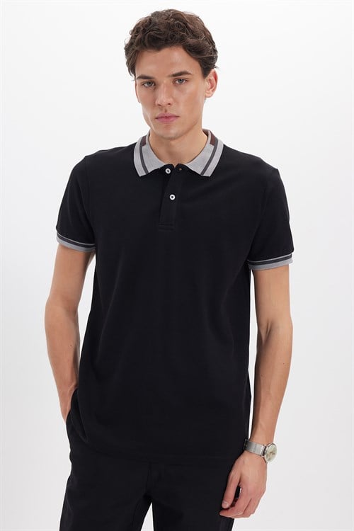 Erkek Slim Fit Dar Kesim %100 Pamuk Düz Pike Yaka ve Kol Detaylı Siyah Polo Yaka Tişört