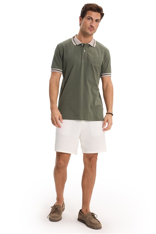 Erkek Slim Fit Dar Kesim %100 Pamuk Düz Pike Yaka ve Kol Detaylı Haki Polo Yaka Tişört