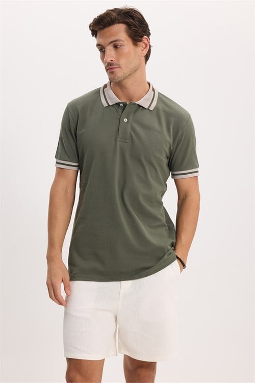 Erkek Slim Fit Dar Kesim %100 Pamuk Düz Pike Yaka ve Kol Detaylı Haki Polo Yaka Tişört