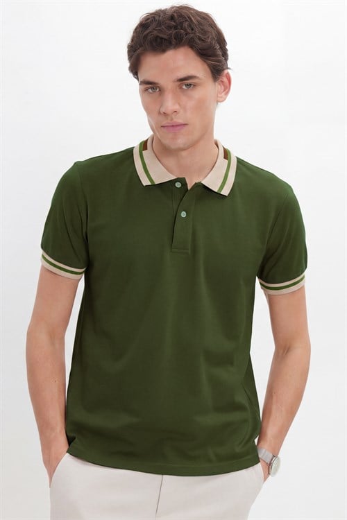 Erkek Slim Fit Dar Kesim %100 Pamuk Düz Pike Yaka ve Kol Detaylı Haki Polo Yaka Tişört