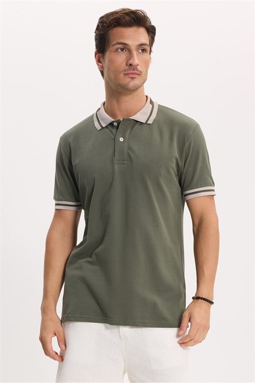 Erkek Slim Fit Dar Kesim %100 Pamuk Düz Pike Yaka ve Kol Detaylı Haki Polo Yaka Tişört
