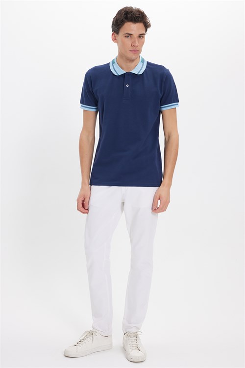 Erkek Slim Fit Dar Kesim %100 Pamuk Düz Pike Yaka ve Kol Detaylı Lacivert Polo Yaka Tişört