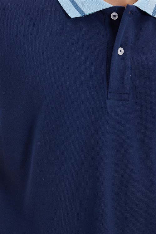 Erkek Slim Fit Dar Kesim %100 Pamuk Düz Pike Yaka ve Kol Detaylı Lacivert Polo Yaka Tişört