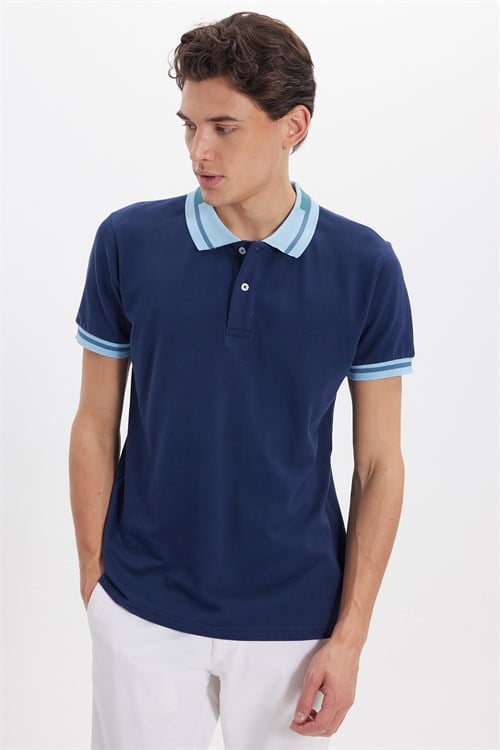 Erkek Slim Fit Dar Kesim %100 Pamuk Düz Pike Yaka ve Kol Detaylı Lacivert Polo Yaka Tişört