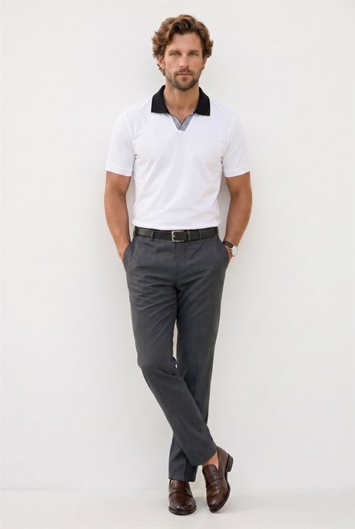Erkek Slim Fit Dar Kesim %100 Pamuk Beyaz Polo Yaka Tişört