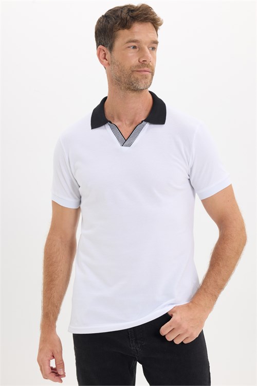 Erkek Slim Fit Dar Kesim %100 Pamuk Beyaz Polo Yaka Tişört