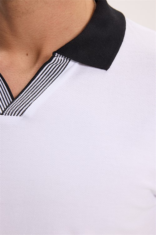 Erkek Slim Fit Dar Kesim %100 Pamuk Beyaz Polo Yaka Tişört