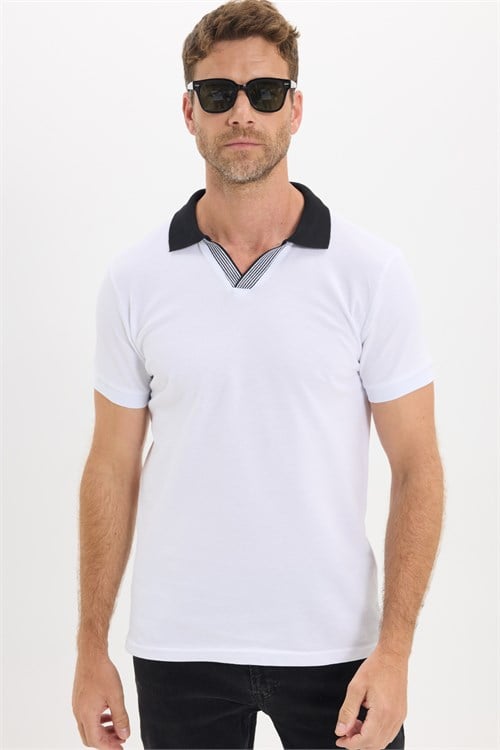 Erkek Slim Fit Dar Kesim %100 Pamuk Beyaz Polo Yaka Tişört