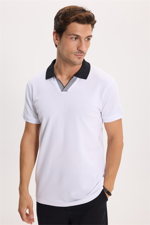 Erkek Slim Fit Dar Kesim %100 Pamuk Beyaz Polo Yaka Tişört