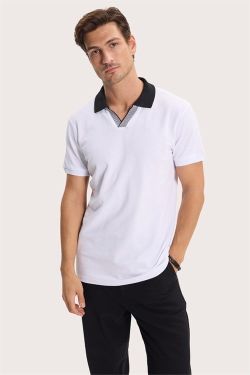Erkek Slim Fit Dar Kesim %100 Pamuk Beyaz Polo Yaka Tişört