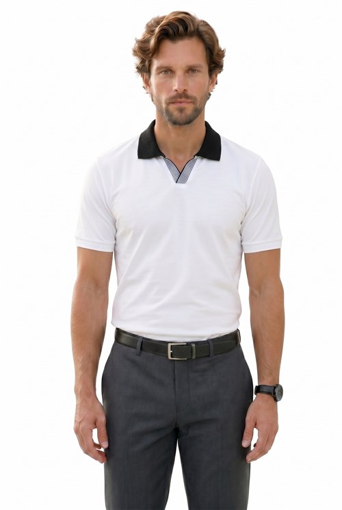 Erkek Slim Fit Dar Kesim %100 Pamuk Beyaz Polo Yaka Tişört
