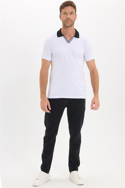 Erkek Slim Fit Dar Kesim %100 Pamuk Beyaz Polo Yaka Tişört