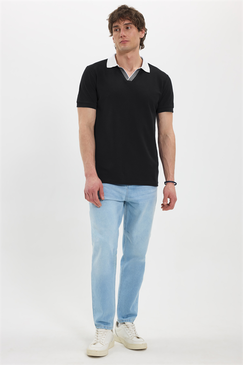 Erkek Slim Fit Dar Kesim %100 Pamuk Siyah Polo Yaka Tişört