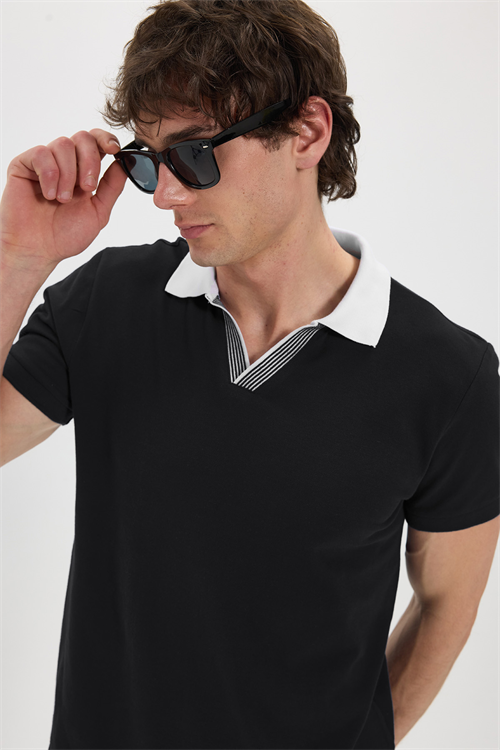 Erkek Slim Fit Dar Kesim %100 Pamuk Siyah Polo Yaka Tişört