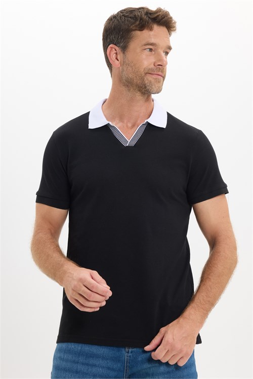 Erkek Slim Fit Dar Kesim %100 Pamuk Siyah Polo Yaka Tişört
