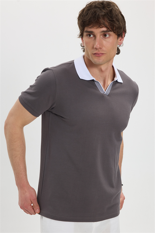Erkek Slim Fit Dar Kesim %100 Pamuk Koyu Gri Polo Yaka Tişört