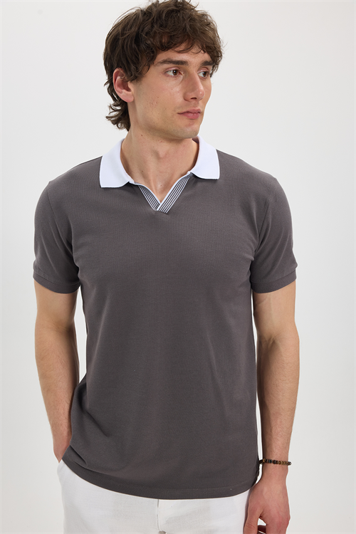 Erkek Slim Fit Dar Kesim %100 Pamuk Koyu Gri Polo Yaka Tişört