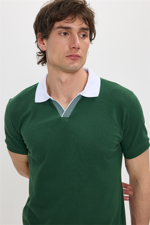 Erkek Slim Fit Dar Kesim %100 Pamuk Koyu Yeşil Polo Yaka Tişört
