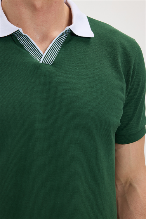 Erkek Slim Fit Dar Kesim %100 Pamuk Koyu Yeşil Polo Yaka Tişört
