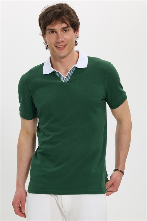 Erkek Slim Fit Dar Kesim %100 Pamuk Koyu Yeşil Polo Yaka Tişört