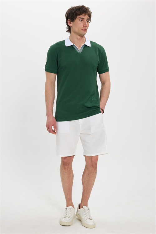 Erkek Slim Fit Dar Kesim %100 Pamuk Koyu Yeşil Polo Yaka Tişört