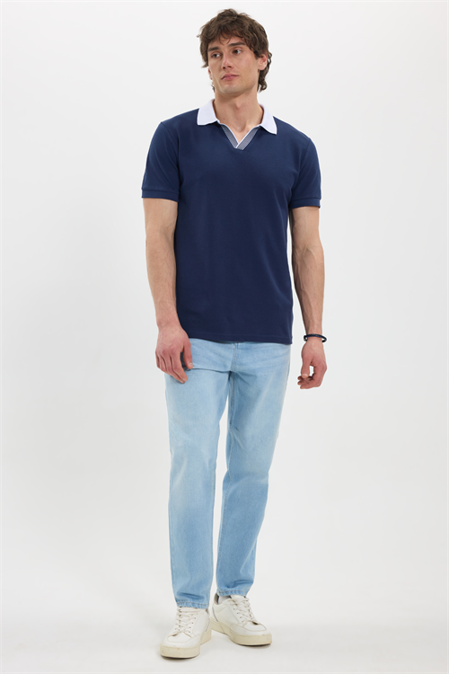 Erkek Slim Fit Dar Kesim %100 Pamuk Lacivert Polo Yaka Tişört