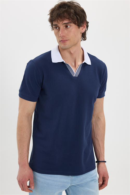 Erkek Slim Fit Dar Kesim %100 Pamuk Lacivert Polo Yaka Tişört