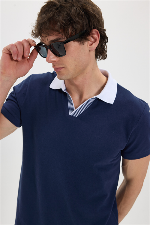 Erkek Slim Fit Dar Kesim %100 Pamuk Lacivert Polo Yaka Tişört