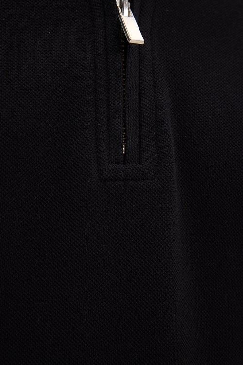 Erkek Slim Fit Dar Kesim %100 Pamuk Kısa Kollu Fermuarlı Siyah Polo Yaka Tişört
