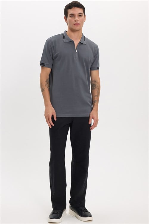 Erkek Slim Fit Dar Kesim %100 Pamuk Kısa Kollu Fermuarlı Antrasit Polo Yaka Tişört