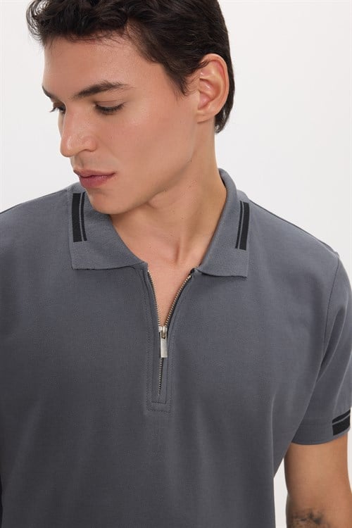 Erkek Slim Fit Dar Kesim %100 Pamuk Kısa Kollu Fermuarlı Antrasit Polo Yaka Tişört