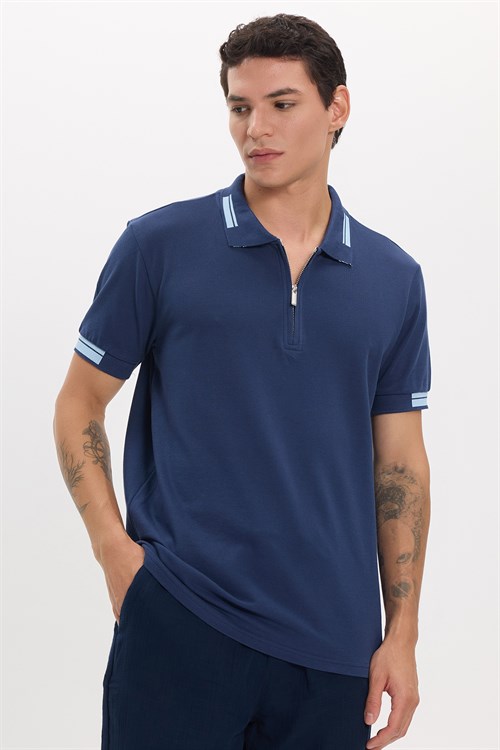 Erkek Slim Fit Dar Kesim %100 Pamuk Kısa Kollu Fermuarlı Lacivert Polo Yaka Tişört