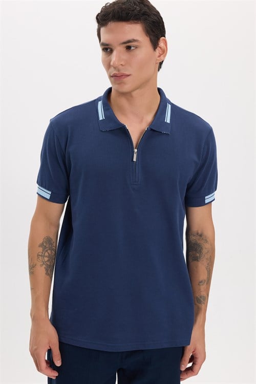 Erkek Slim Fit Dar Kesim %100 Pamuk Kısa Kollu Fermuarlı Lacivert Polo Yaka Tişört
