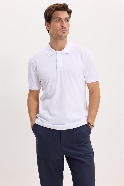Erkek Slim Fit Dar Kesim Premium Seri %100 Pamuk Yumuşak Dokulu Merserize Beyaz Polo Yaka Tişört 