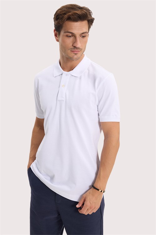 Erkek Slim Fit Dar Kesim Premium Seri %100 Pamuk Yumuşak Dokulu Merserize Beyaz Polo Yaka Tişört 