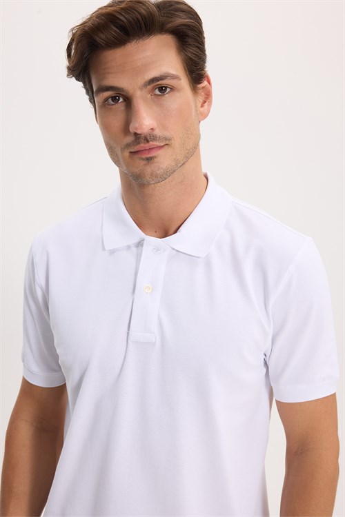 Erkek Slim Fit Dar Kesim Premium Seri %100 Pamuk Yumuşak Dokulu Merserize Beyaz Polo Yaka Tişört 