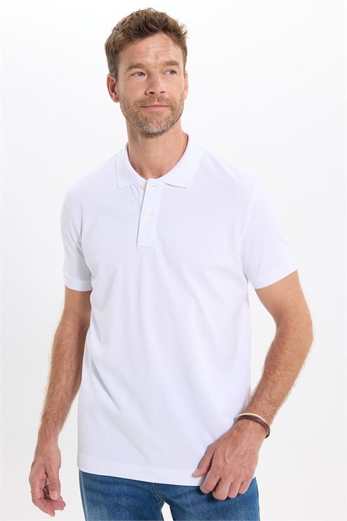 Erkek Slim Fit Dar Kesim Premium Seri %100 Pamuk Yumuşak Dokulu Merserize Beyaz Polo Yaka Tişört 