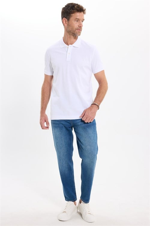 Erkek Slim Fit Dar Kesim Premium Seri %100 Pamuk Yumuşak Dokulu Merserize Beyaz Polo Yaka Tişört 