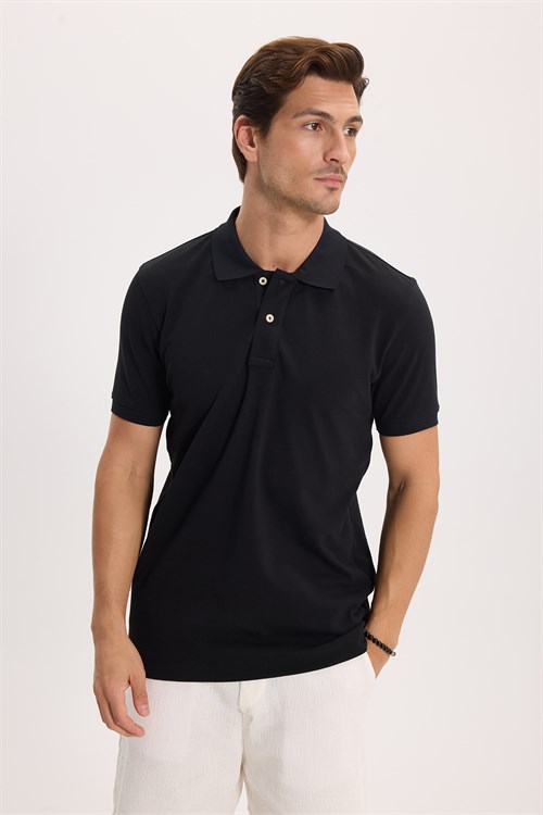 Erkek Slim Fit Dar Kesim Premium Seri %100 Pamuk Yumuşak Dokulu Merserize Siyah Polo Yaka Tişört