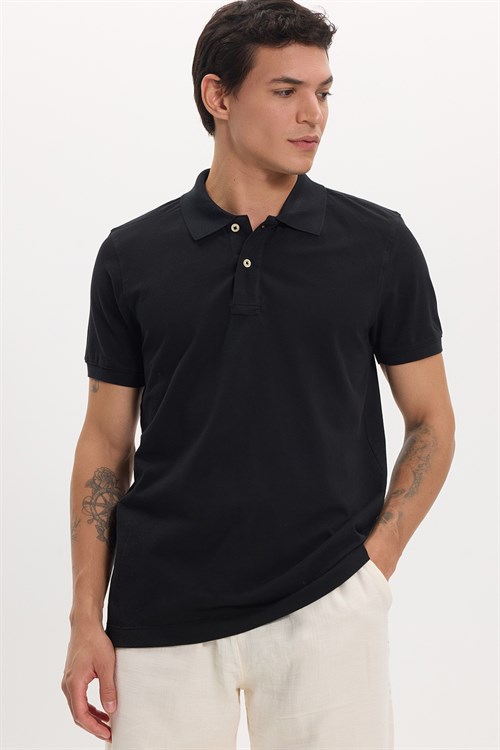 Erkek Slim Fit Dar Kesim Premium Seri %100 Pamuk Yumuşak Dokulu Merserize Siyah Polo Yaka Tişört