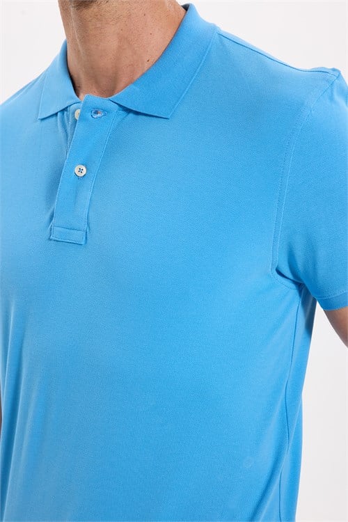 Erkek Slim Fit Dar Kesim Premium Seri %100 Pamuk Yumuşak Dokulu Merserize Mavi Polo Yaka Tişört 