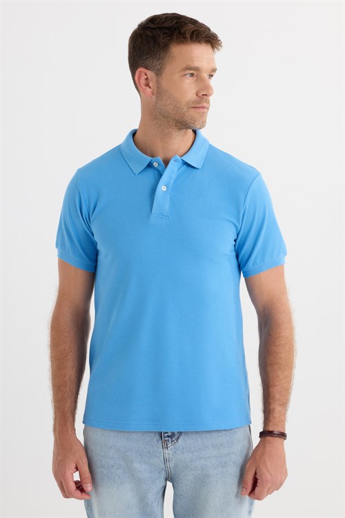 Erkek Slim Fit Dar Kesim Premium Seri %100 Pamuk Yumuşak Dokulu Merserize Mavi Polo Yaka Tişört 