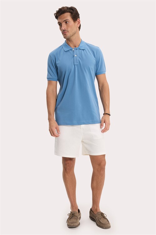 Erkek Slim Fit Dar Kesim Premium Seri %100 Pamuk Yumuşak Dokulu Merserize Mavi Polo Yaka Tişört 