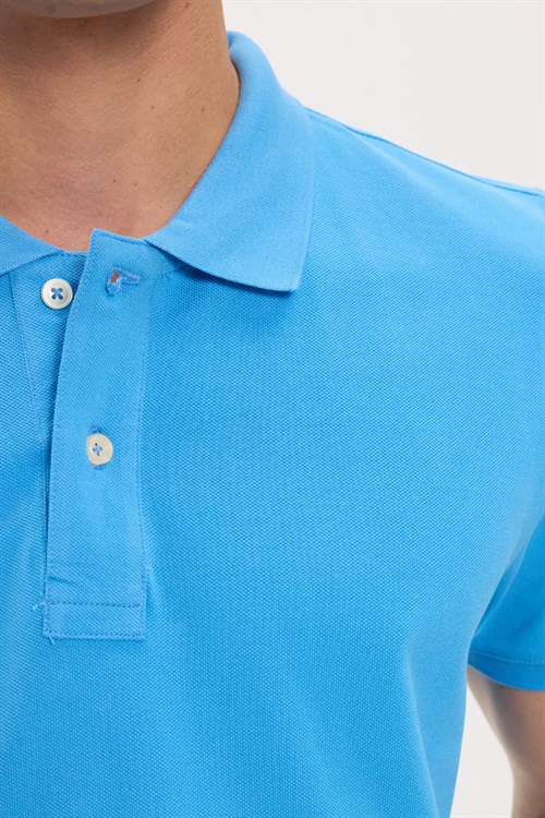 Erkek Slim Fit Dar Kesim Premium Seri %100 Pamuk Yumuşak Dokulu Merserize Mavi Polo Yaka Tişört 