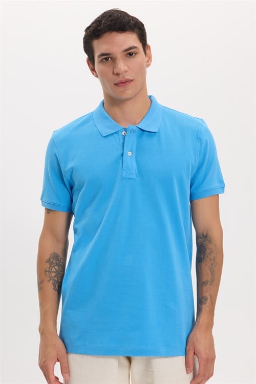 Erkek Slim Fit Dar Kesim Premium Seri %100 Pamuk Yumuşak Dokulu Merserize Mavi Polo Yaka Tişört 