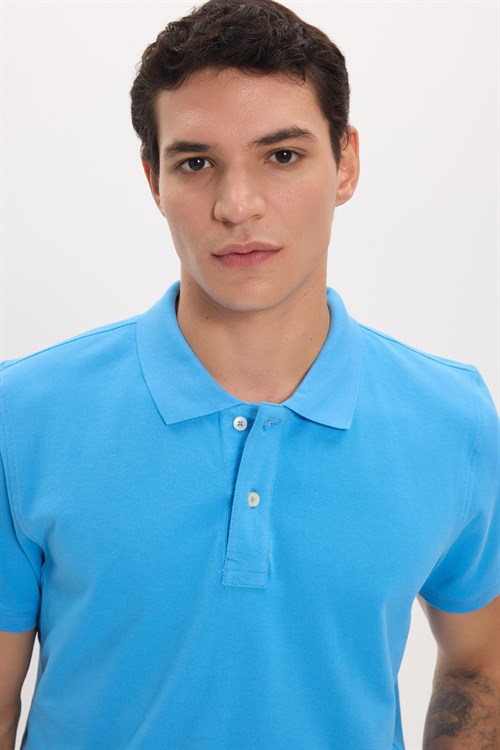Erkek Slim Fit Dar Kesim Premium Seri %100 Pamuk Yumuşak Dokulu Merserize Mavi Polo Yaka Tişört 