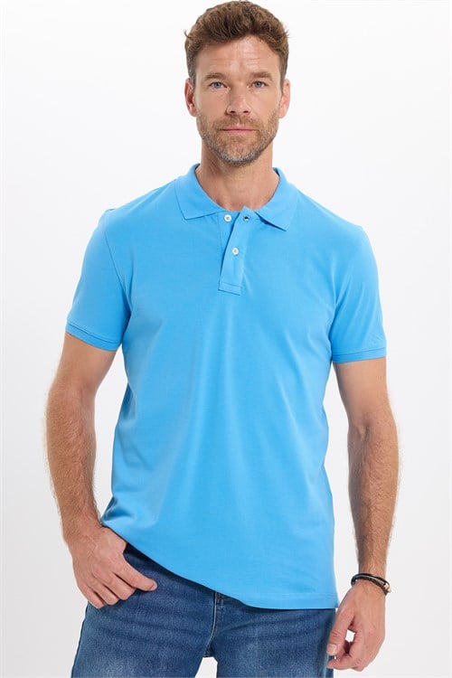 Erkek Slim Fit Dar Kesim Premium Seri %100 Pamuk Yumuşak Dokulu Merserize Mavi Polo Yaka Tişört 