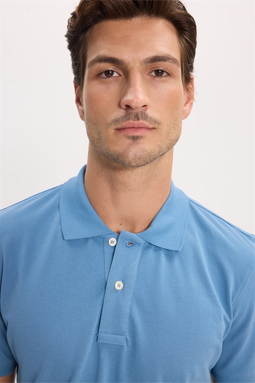 Erkek Slim Fit Dar Kesim Premium Seri %100 Pamuk Yumuşak Dokulu Merserize Mavi Polo Yaka Tişört 