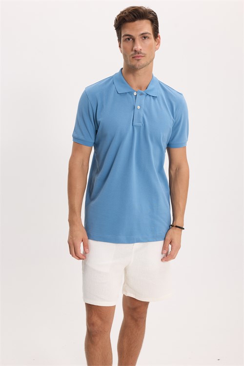 Erkek Slim Fit Dar Kesim Premium Seri %100 Pamuk Yumuşak Dokulu Merserize Mavi Polo Yaka Tişört 