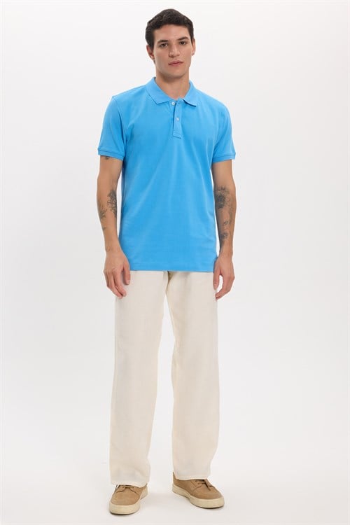 Erkek Slim Fit Dar Kesim Premium Seri %100 Pamuk Yumuşak Dokulu Merserize Mavi Polo Yaka Tişört 